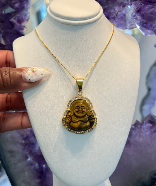 Tigers Eye Laughing Buddah Necklace